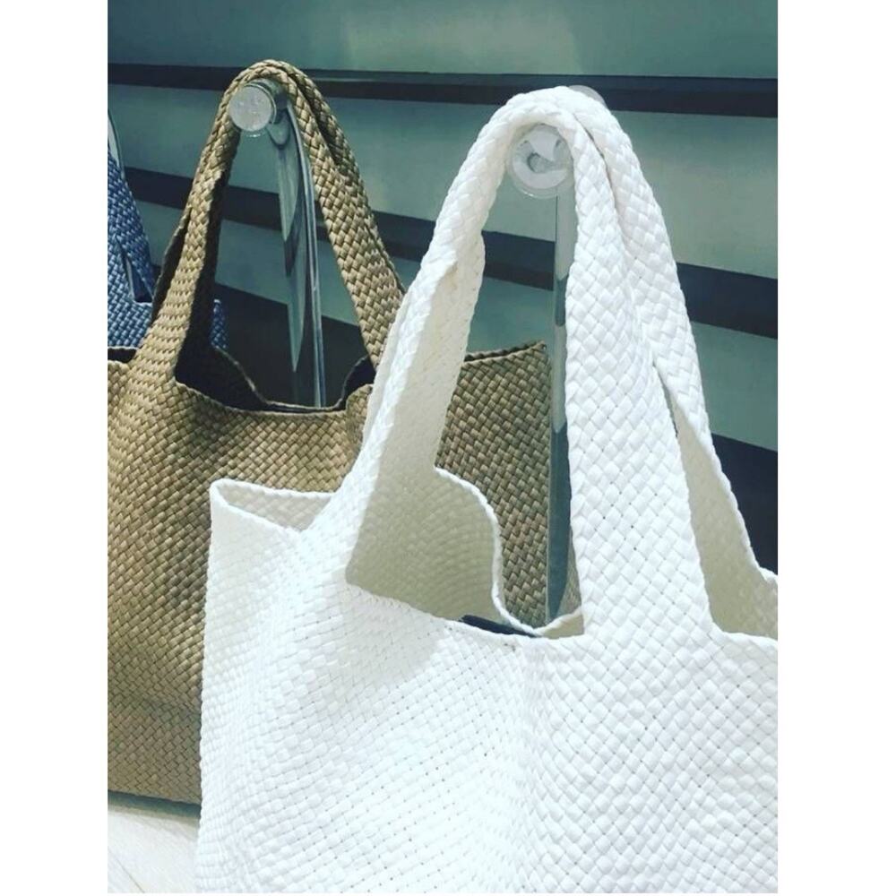 Woven Shoulder Tote Bag in White and Tan